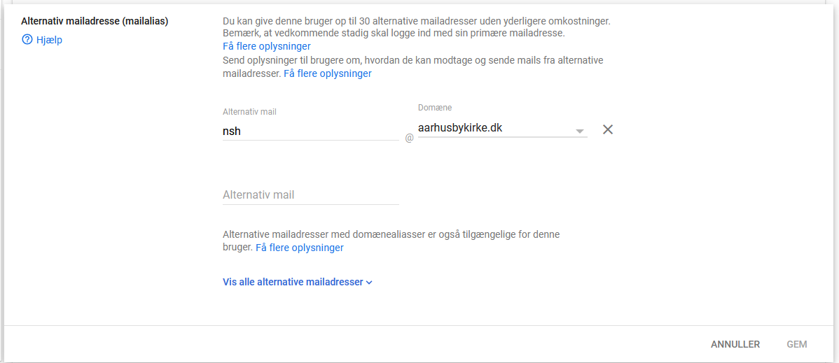 Se og opret alias på bruger