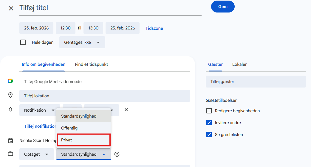 Gør Google Kalender begivenhed privat, så andre ikke kan se den