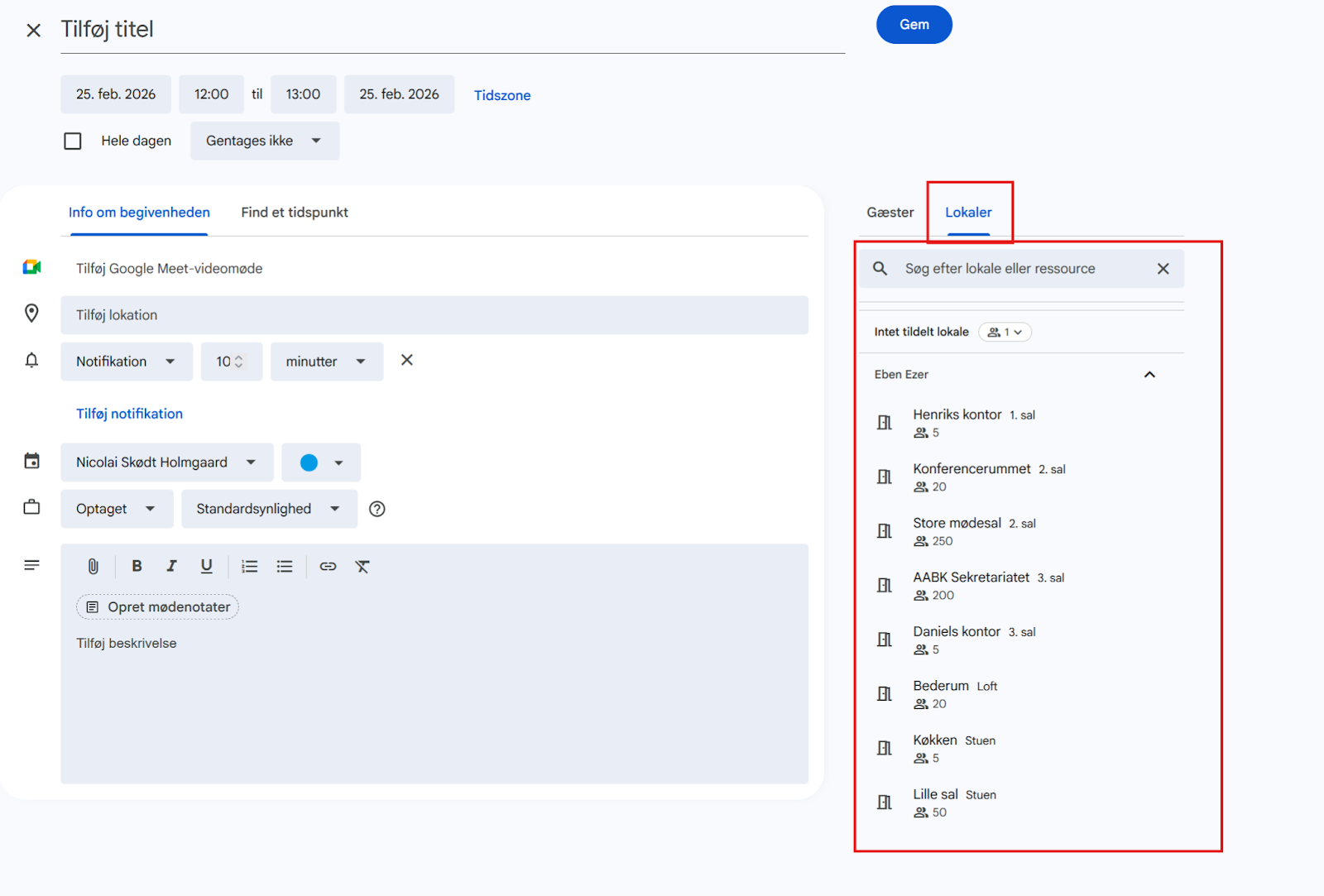 Se ressourcelist i Google Kalender begivenhed