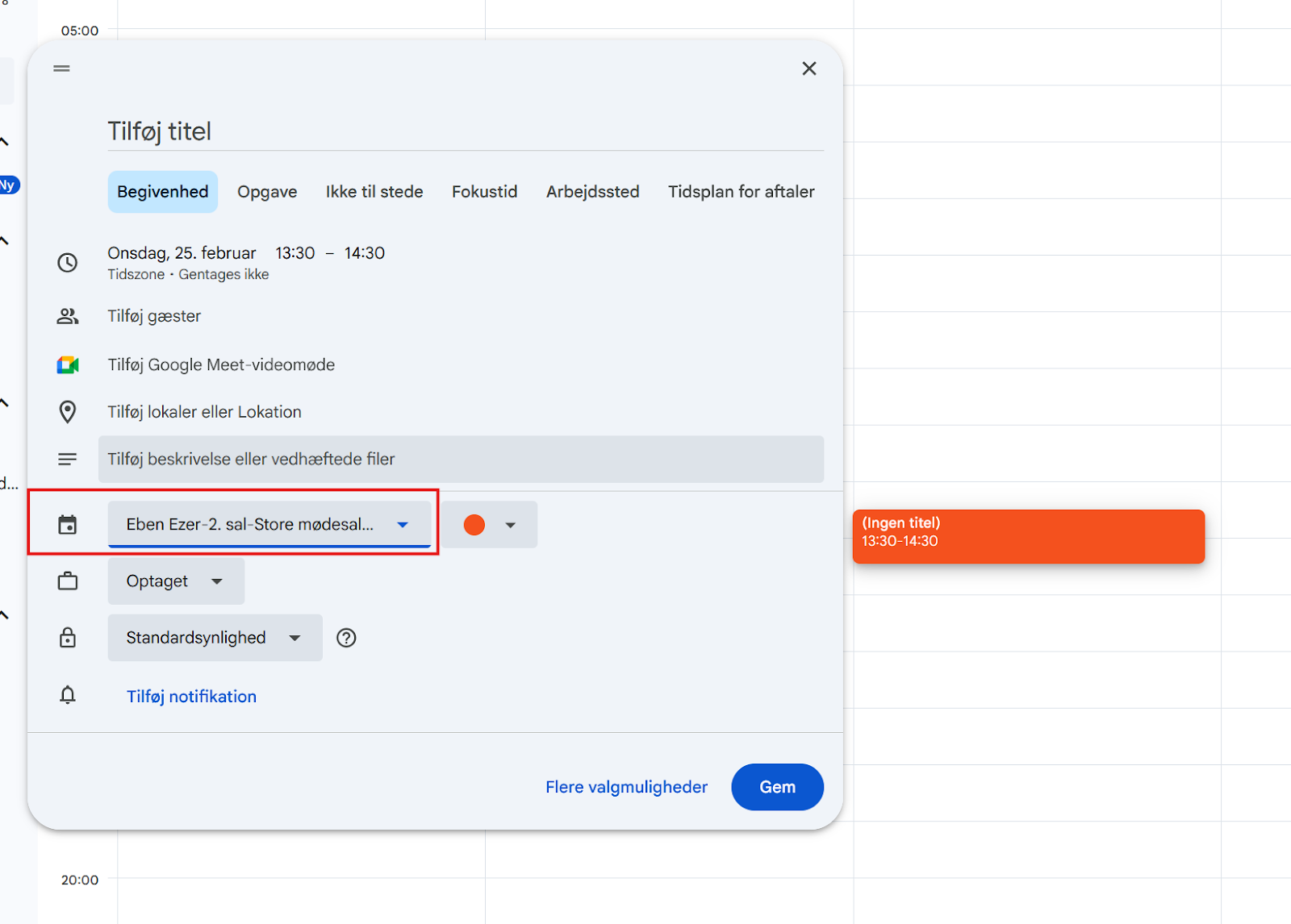Vælg ressourcens kalender i begivenhedes-modalet