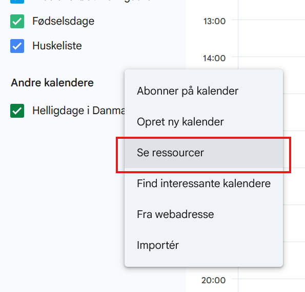 Vælg "Se ressourcer" for at se ressourcekalender