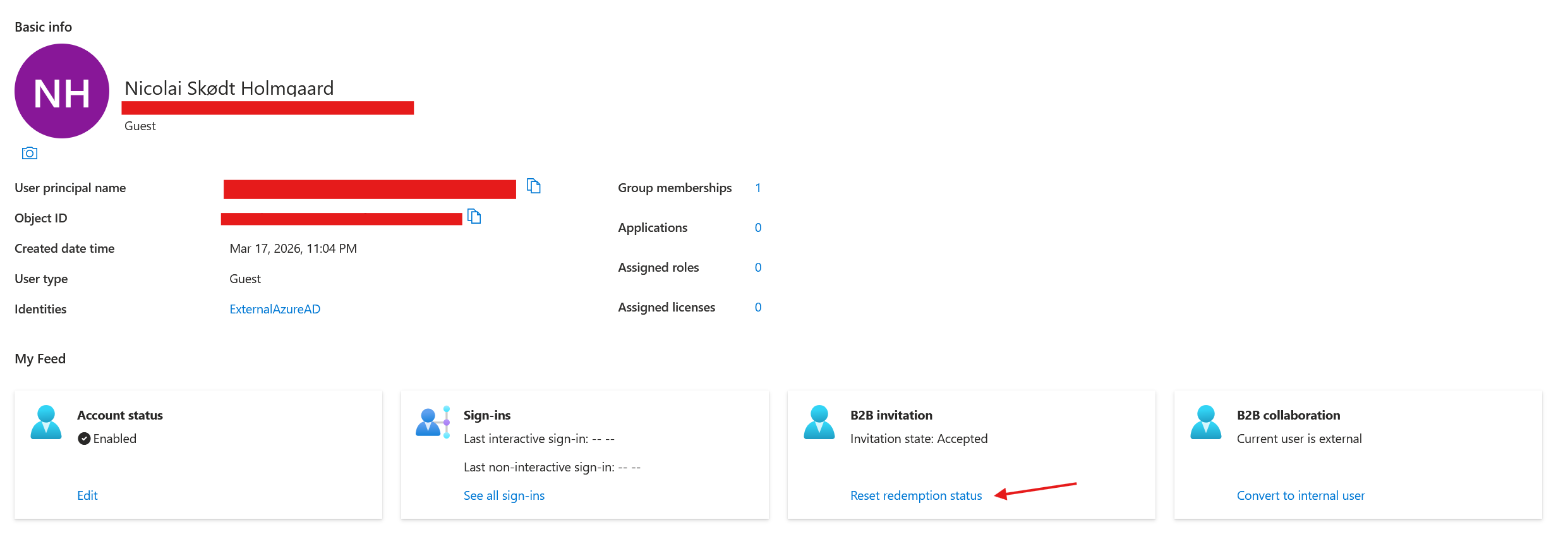 Reset redemption status for ekstern bruger i Microsoft Entra admin center